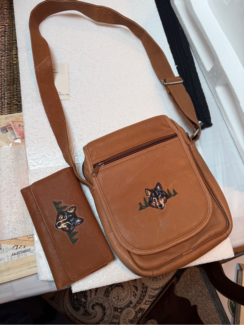 Tan Leather Crossbody Bag with Embroidered Wolf Detail plus Matching Wallet